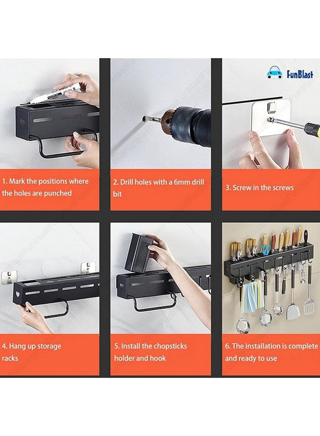 FunBlast رف حائط FunBlast لأدوات المطبخ مع شماعة مناشف، خطافات معلقة للمغرفة والمقلاة، حامل أدوات المائدة، رف عائم لأدوات المطبخ - 60 x 7 x 6 سم - Image 3