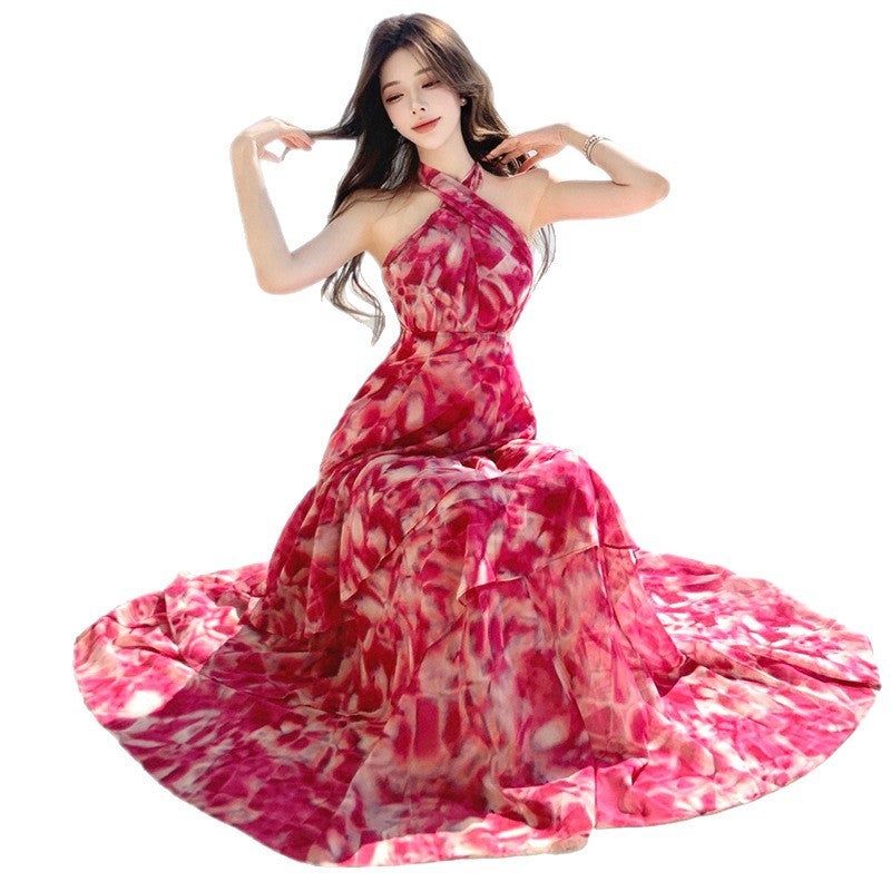 Women's Halter Neck Tie-Dye High Waist Long Maxi Beach Dress - Image 5