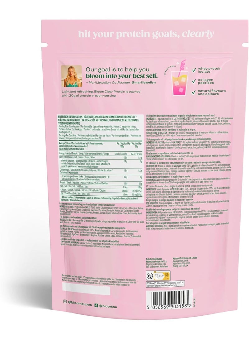 Bloom  Clear Protein Powder – Peach Mango Flavour – Whey Protein Isolate & Collagen Peptides – Light & Refreshing Protein Drink Mix – 20g Protein per Serving - Image 2