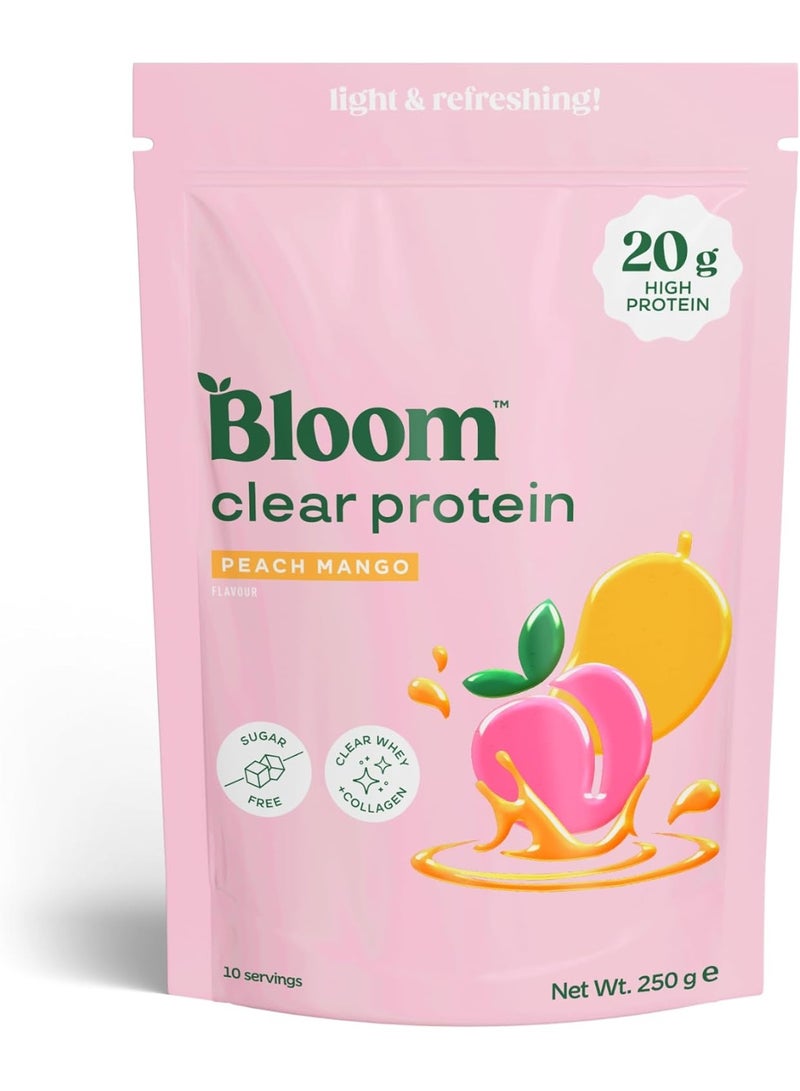 Bloom  Clear Protein Powder – Peach Mango Flavour – Whey Protein Isolate & Collagen Peptides – Light & Refreshing Protein Drink Mix – 20g Protein per Serving - Image 1