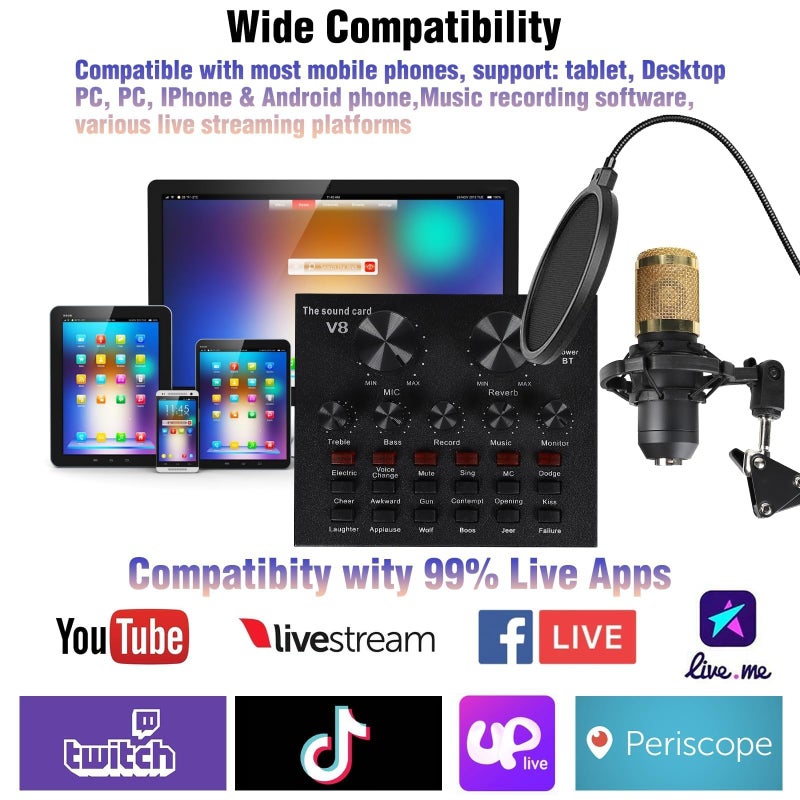 MorTime Condenser Microphone Bundle, Live Sound Card, Adjustable Boom Arm, Shock Mount, Metal Mic Pop Filter, Sponge Pop Filter Cover, Earphone, Audio Cables and Power Cable, Set of 11 Mic Kit - Image 4