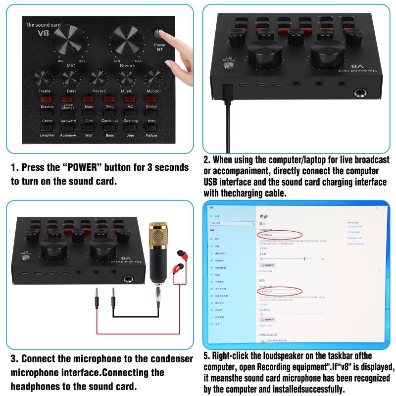 MorTime Condenser Microphone Bundle, Live Sound Card, Adjustable Boom Arm, Shock Mount, Metal Mic Pop Filter, Sponge Pop Filter Cover, Earphone, Audio Cables and Power Cable, Set of 11 Mic Kit - Image 3