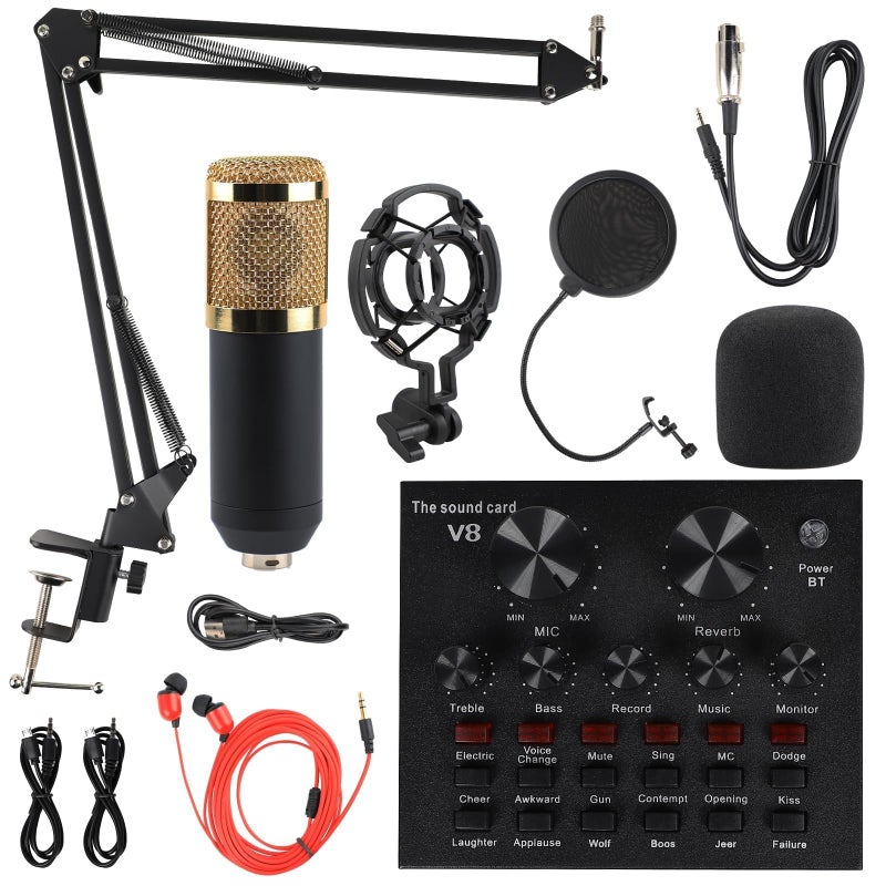MorTime Condenser Microphone Bundle, Live Sound Card, Adjustable Boom Arm, Shock Mount, Metal Mic Pop Filter, Sponge Pop Filter Cover, Earphone, Audio Cables and Power Cable, Set of 11 Mic Kit - Image 1