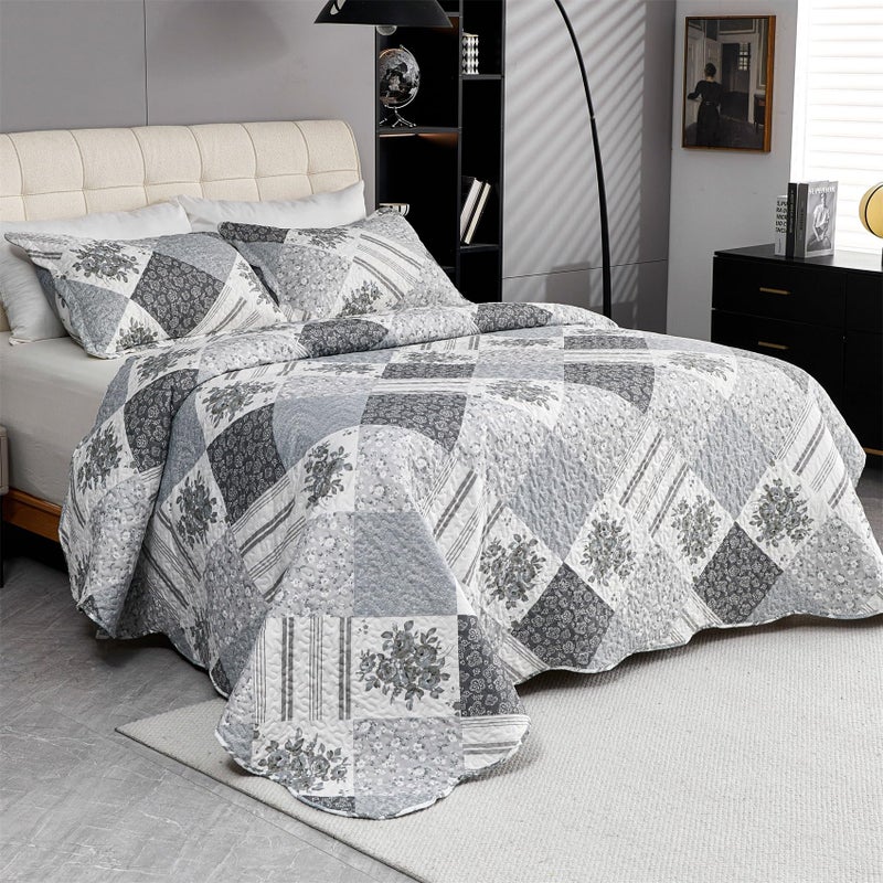 Cmfshape Summer Floral King Bedspread,Romantic Grey Quilt Set King,Reversible Stitched Bedding Set All Season,Soft Lightweight Coverlet with Pillow Cases (Dark Grey, King102 x90) - Image 2