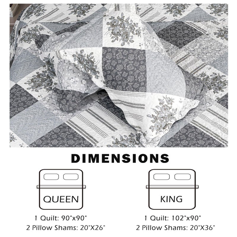 Cmfshape Summer Floral King Bedspread,Romantic Grey Quilt Set King,Reversible Stitched Bedding Set All Season,Soft Lightweight Coverlet with Pillow Cases (Dark Grey, King102 x90) - Image 5