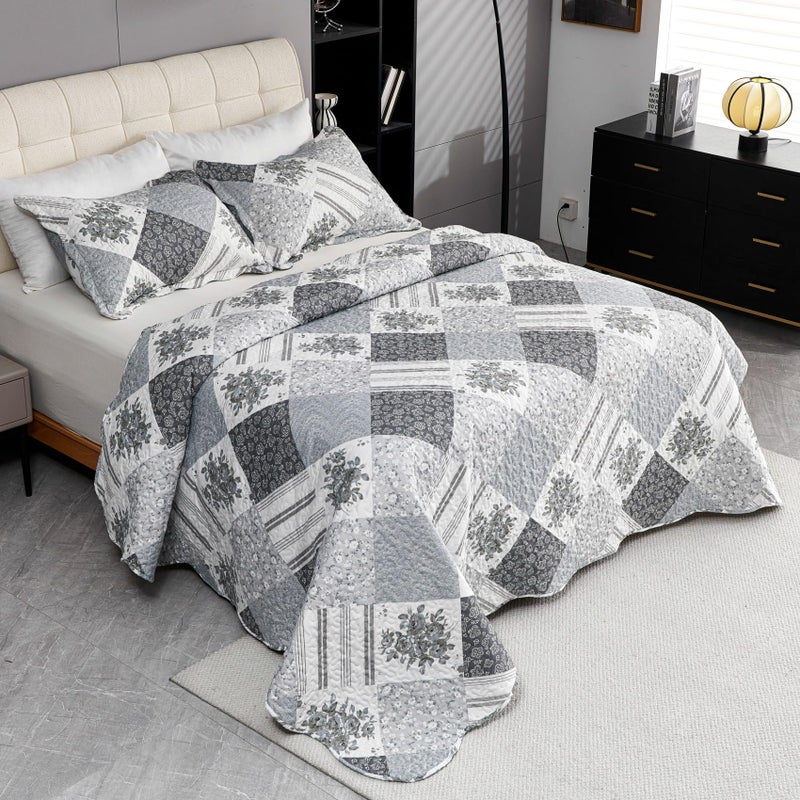 Cmfshape Summer Floral King Bedspread,Romantic Grey Quilt Set King,Reversible Stitched Bedding Set All Season,Soft Lightweight Coverlet with Pillow Cases (Dark Grey, King102 x90) - Image 3