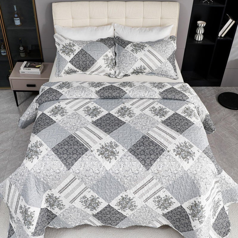 Cmfshape Summer Floral King Bedspread,Romantic Grey Quilt Set King,Reversible Stitched Bedding Set All Season,Soft Lightweight Coverlet with Pillow Cases (Dark Grey, King102 x90) - Image 4