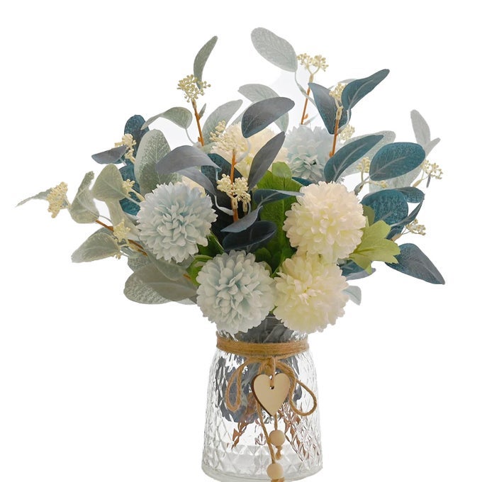 ARTIFICIAL FLOWERS WITH VASE FAUX FLOWER ARRANGEMENT WITH EUCALYPTUS LEAVES SILK HYDRANGEA TABLE CENTERPIECE FOR HOME OFFICE KITCHEN DINING ROOM COFFEE TABLE DECOR