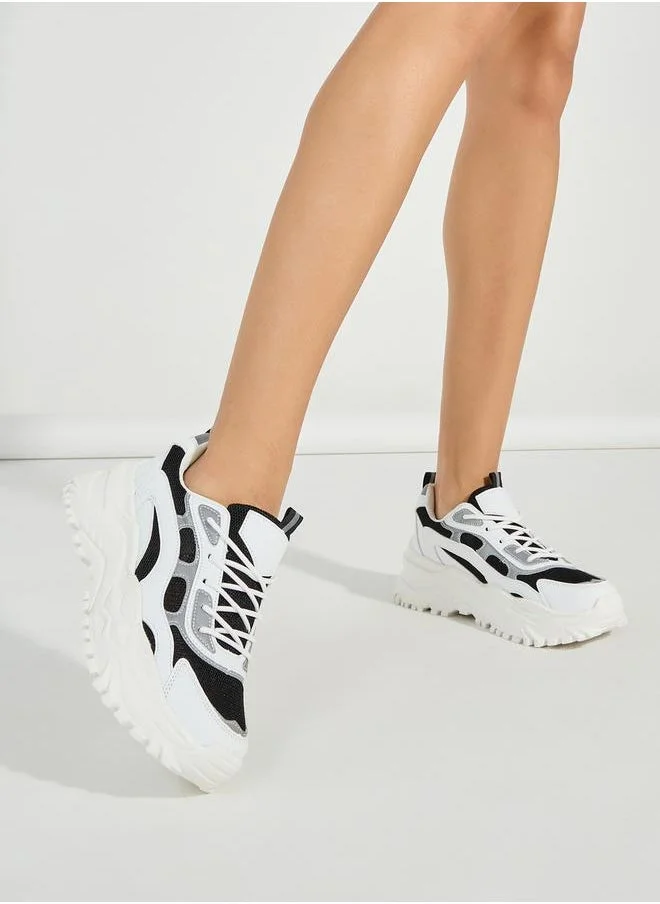 ستايلي Contrast Panel Lace Up Chunky Sneakers