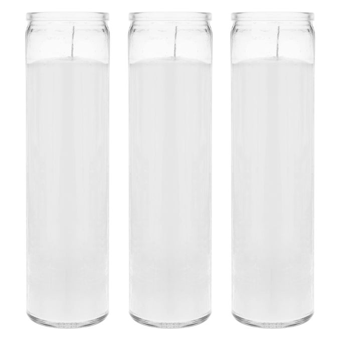 3 pcs Unscented White 7 Day Glass Container Devotional Prayer Candles Premium Wax Candle 2 Inch x 8 Inch Sanctuary Vigils Prayers Blessings Religious Memorials Remembrance