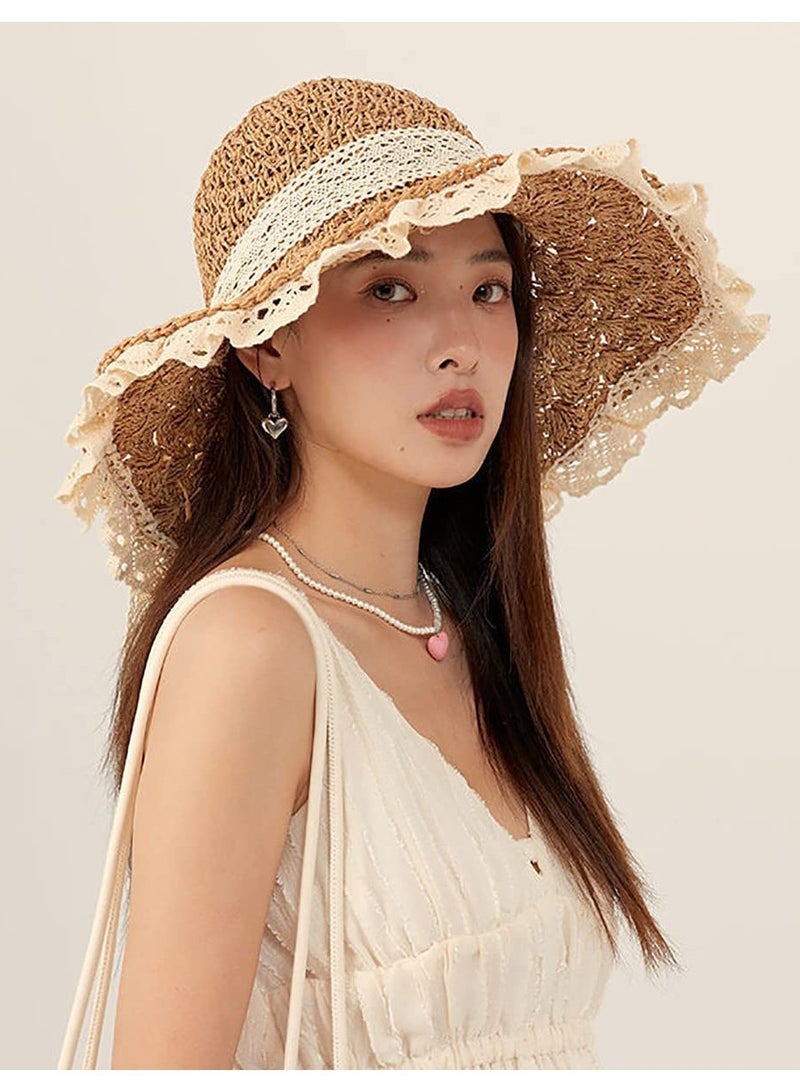 SOLARAE Women Beach Straw Hat, Floppy Wide Brim Lace Sun Hat Foldable Packable Straw Hat UPF50+ Summer Travel Sun Protection Beach Hat - Image 2