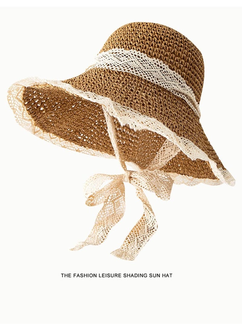 SOLARAE Women Beach Straw Hat, Floppy Wide Brim Lace Sun Hat Foldable Packable Straw Hat UPF50+ Summer Travel Sun Protection Beach Hat - Image 5