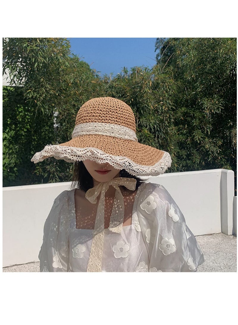 SOLARAE Women Beach Straw Hat, Floppy Wide Brim Lace Sun Hat Foldable Packable Straw Hat UPF50+ Summer Travel Sun Protection Beach Hat - Image 3