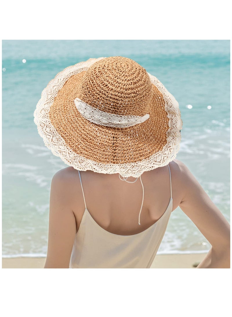 SOLARAE Women Beach Straw Hat, Floppy Wide Brim Lace Sun Hat Foldable Packable Straw Hat UPF50+ Summer Travel Sun Protection Beach Hat - Image 4