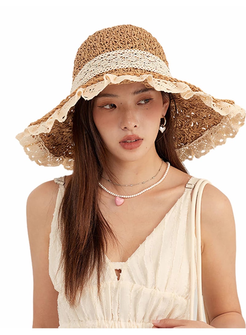 SOLARAE Women Beach Straw Hat, Floppy Wide Brim Lace Sun Hat Foldable Packable Straw Hat UPF50+ Summer Travel Sun Protection Beach Hat - Image 1