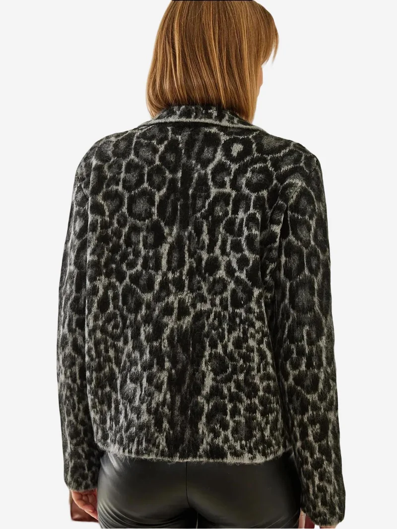 Bianco Lucci Multicolor LUCCI Leopard Print Ribbed Knit Cardigan with Shirt Collar for Women | Best Price UAE
