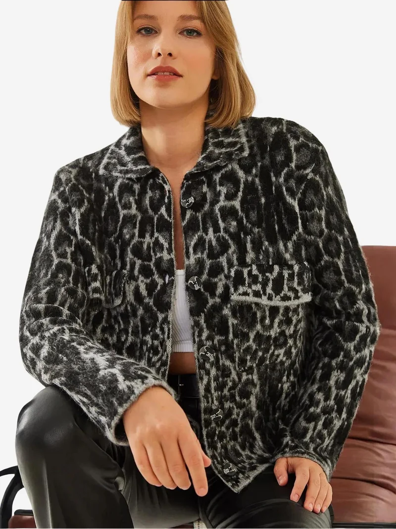 Bianco Lucci Multicolor LUCCI Leopard Print Ribbed Knit Cardigan with Shirt Collar for Women | Best Price UAE