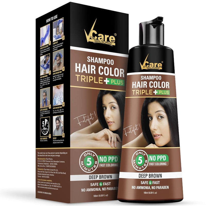 VCare Hair Colour Shampoo for Men and Women 180ml Deep Brown No Ammonia Long Lasting Hair Color 100 Grey Coverage Easy To Use Hair Colour At Home - Image 1