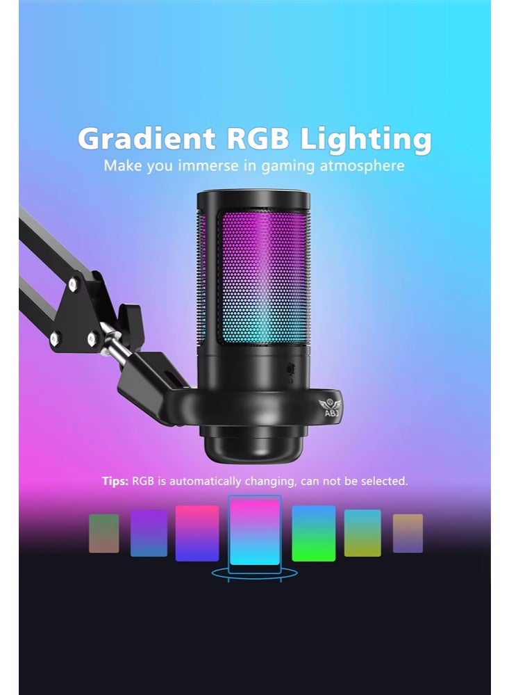 أيه بي جي ميكروفون بودكاست ديناميكي XLR/USB-C – ميكروفون للألعاب والبث عبر الكمبيوتر مع إضاءة RGB، زر كتم الصوت، ومنفذ سماعات – طقم حوامل مزدوج: ذراع متحرك وحامل طاولة – للتسجيل، الغناء، والتعليق الصوتي - Image 4