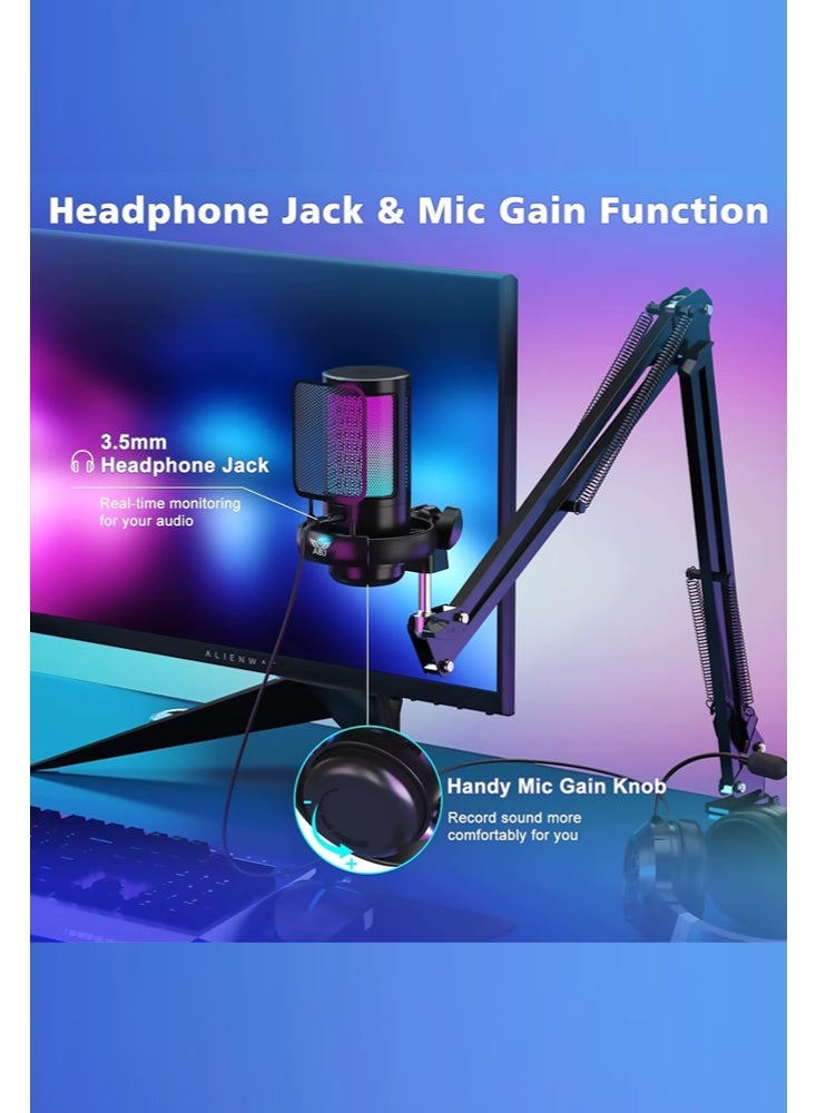 أيه بي جي ميكروفون بودكاست ديناميكي XLR/USB-C – ميكروفون للألعاب والبث عبر الكمبيوتر مع إضاءة RGB، زر كتم الصوت، ومنفذ سماعات – طقم حوامل مزدوج: ذراع متحرك وحامل طاولة – للتسجيل، الغناء، والتعليق الصوتي - Image 3