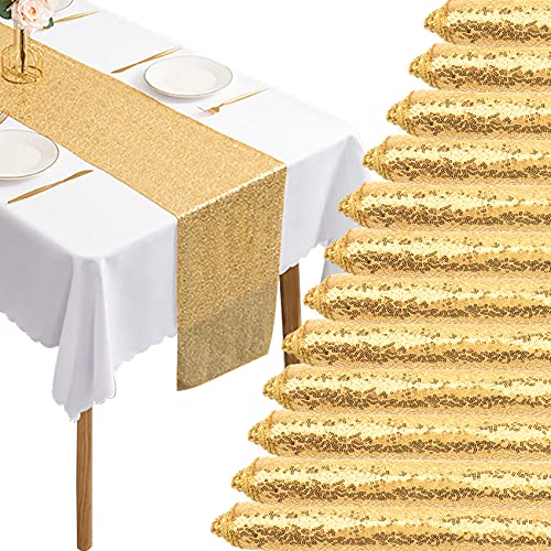 12 Packs 12 X 72 Inch Sequin Table Runner Glitter Dining Table Runner for Birthday Wedding Engagement Bridal Baby Shower Bachelorette Holiday Celebration Party Supplies Decorations Champagne Gold
