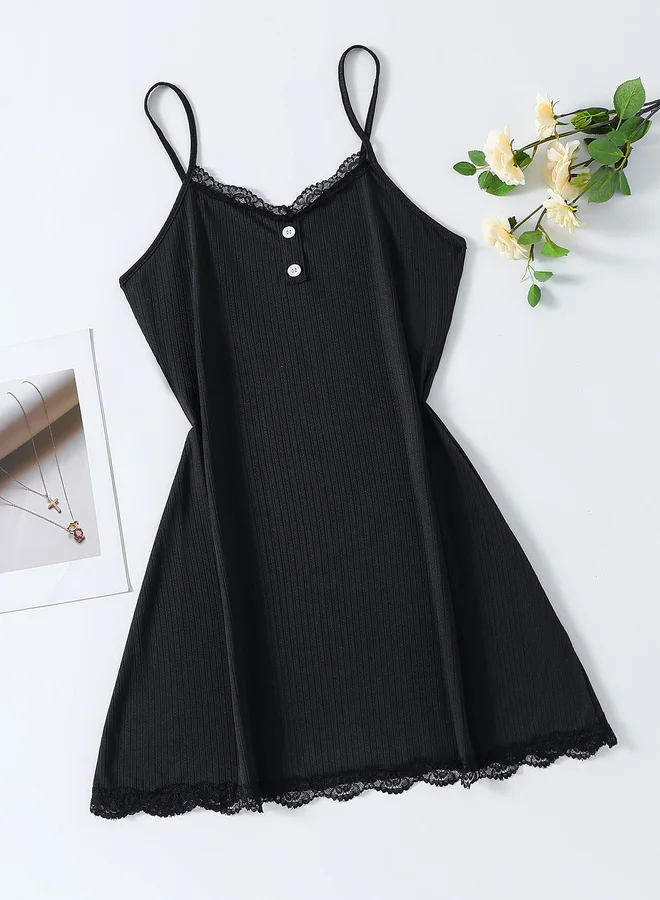 Styli Styli Women Lace Trim Button Detail Cami Slip Dress