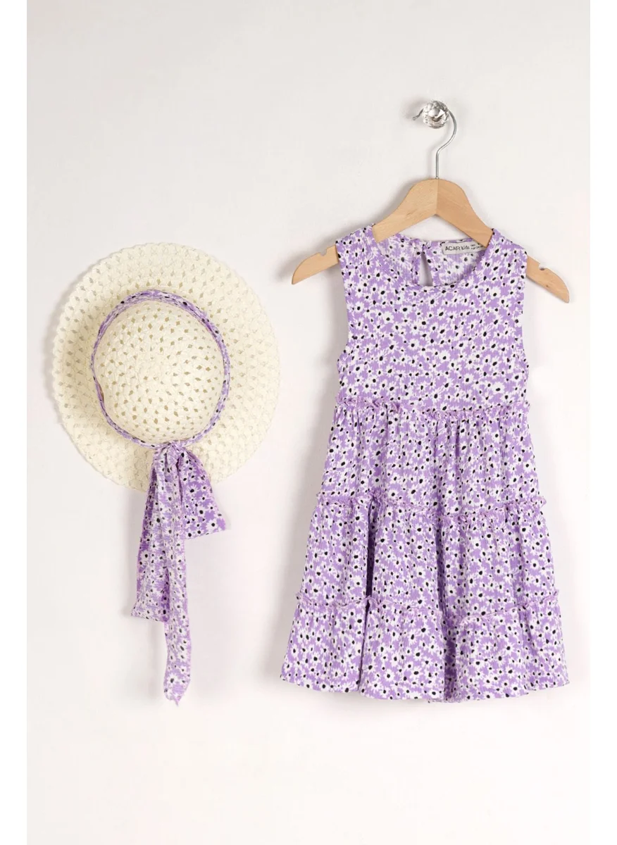 Zepkids Girl Lilac Colored Flower Patterned Hat Accessory Dress