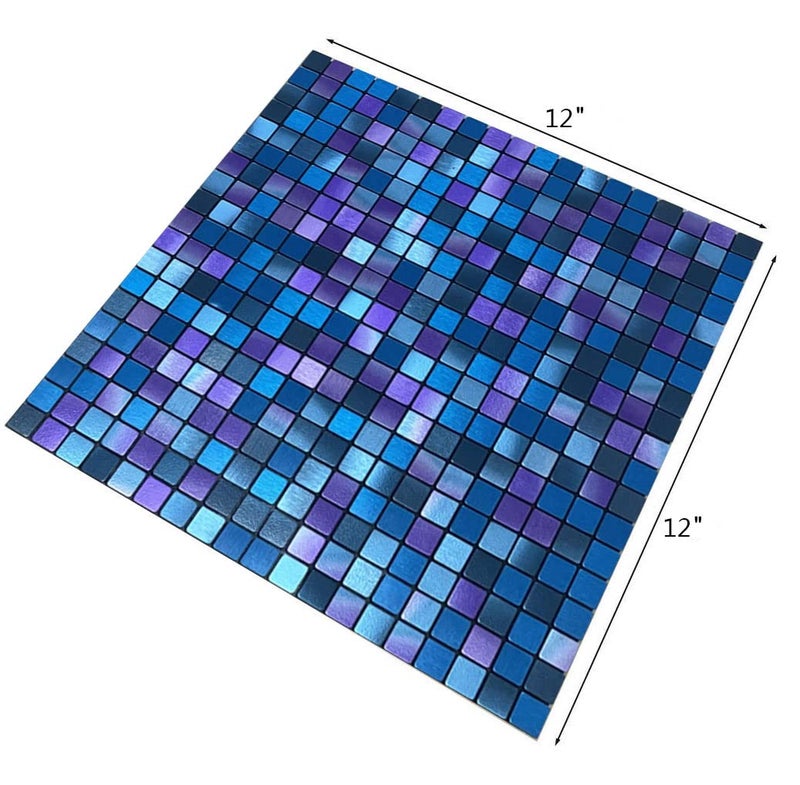 XUANINY Peel and Stick Backsplash Tiles for Kitchen,Bathroom,Fireplace,Self Adhesive Metal Aluminum Mosaic (12"x12") (5, Blue and Purple Mixed) - Image 3