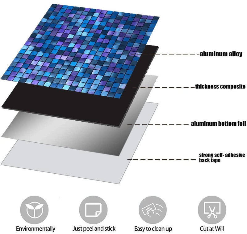 XUANINY Peel and Stick Backsplash Tiles for Kitchen,Bathroom,Fireplace,Self Adhesive Metal Aluminum Mosaic (12"x12") (5, Blue and Purple Mixed) - Image 2