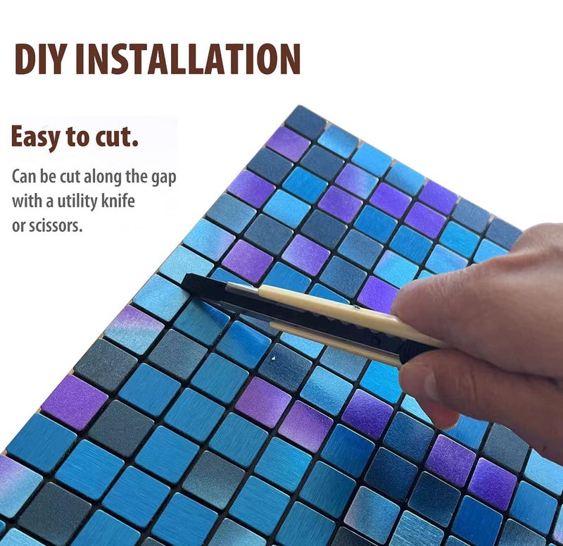 XUANINY Peel and Stick Backsplash Tiles for Kitchen,Bathroom,Fireplace,Self Adhesive Metal Aluminum Mosaic (12"x12") (5, Blue and Purple Mixed) - Image 5