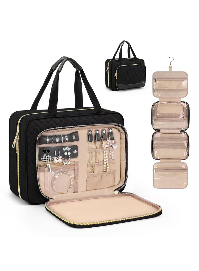عام حقيبة مستلزمات السفر المعلقة مع مكان مخصص للمجوهرات، حقيبة مكياج محمولة، طقم منظم للسفر بدون فوضى.
