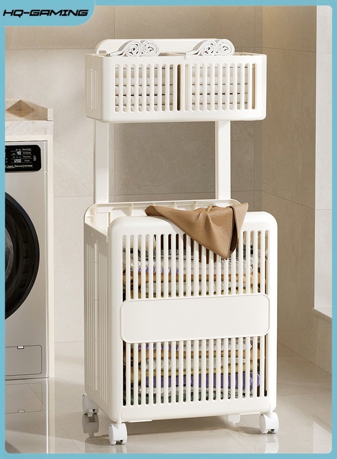 HQ-GAMING Foldable 2 Layer Laundry Basket with Wheels, Dirty Clothes Hamper with Retractable Handle, Household Dirty Clothes Basket, Large Capacity Storage Rack for Living Room Bathroom Laundry Room - Image 1