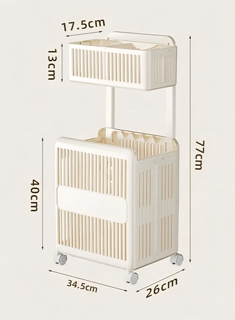 HQ-GAMING Foldable 2 Layer Laundry Basket with Wheels, Dirty Clothes Hamper with Retractable Handle, Household Dirty Clothes Basket, Large Capacity Storage Rack for Living Room Bathroom Laundry Room - Image 2