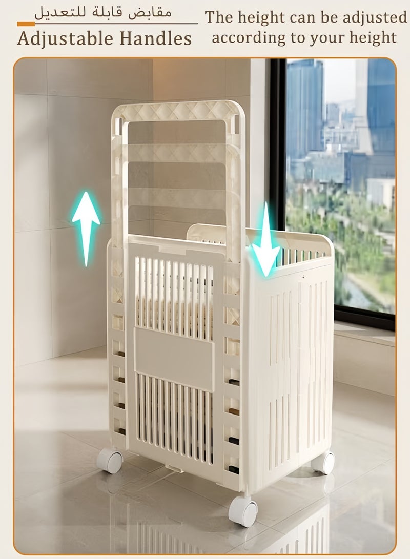 HQ-GAMING Foldable 2 Layer Laundry Basket with Wheels, Dirty Clothes Hamper with Retractable Handle, Household Dirty Clothes Basket, Large Capacity Storage Rack for Living Room Bathroom Laundry Room - Image 5