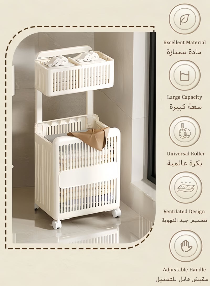 HQ-GAMING Foldable 2 Layer Laundry Basket with Wheels, Dirty Clothes Hamper with Retractable Handle, Household Dirty Clothes Basket, Large Capacity Storage Rack for Living Room Bathroom Laundry Room - Image 3