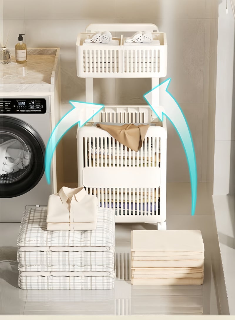 HQ-GAMING Foldable 2 Layer Laundry Basket with Wheels, Dirty Clothes Hamper with Retractable Handle, Household Dirty Clothes Basket, Large Capacity Storage Rack for Living Room Bathroom Laundry Room - Image 4