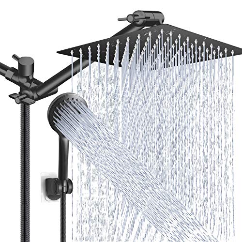 PinWin Shower Head Combo,10 Inch High Pressure Rain Shower Head with 11 Inch Adjustable Extension Arm and 5 Settings Handheld Powerful Shower Spray Against Low Pressure Water - Matte Black - Image 1