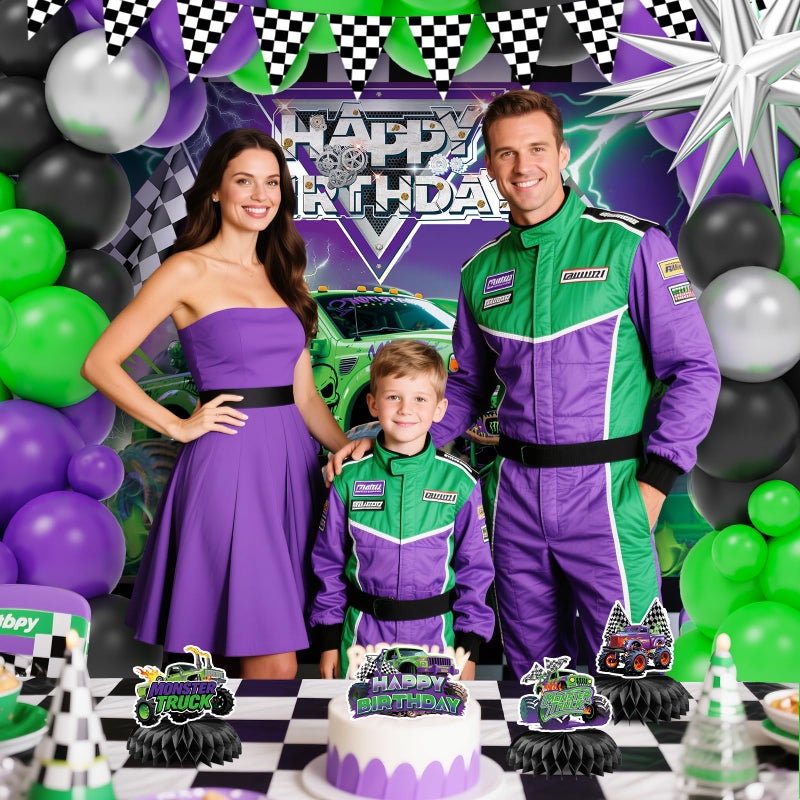 Wakeys 99 Pcs Monster Truck Birthday Party Decorations Set with Purple and Green Black Balloon Garland Arch Kit with Star & Wheels Checkered Balloons, Backdrop, Tablecloth, Grave Digger Party Supplies - Image 5