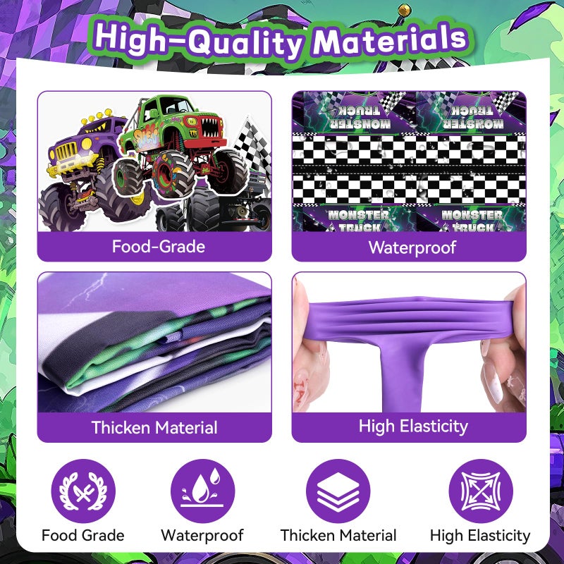 Wakeys 99 Pcs Monster Truck Birthday Party Decorations Set with Purple and Green Black Balloon Garland Arch Kit with Star & Wheels Checkered Balloons, Backdrop, Tablecloth, Grave Digger Party Supplies - Image 4