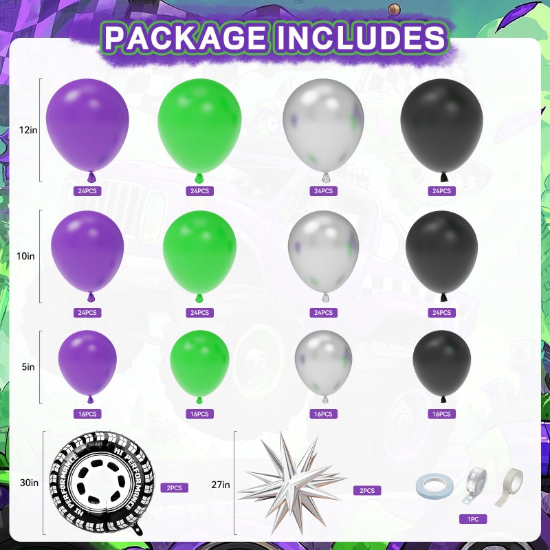 Wakeys 99 Pcs Monster Truck Birthday Party Decorations Set with Purple and Green Black Balloon Garland Arch Kit with Star & Wheels Checkered Balloons, Backdrop, Tablecloth, Grave Digger Party Supplies - Image 3