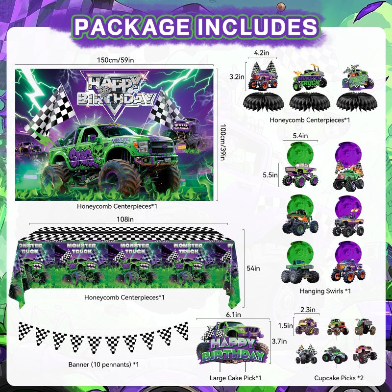 Wakeys 99 Pcs Monster Truck Birthday Party Decorations Set with Purple and Green Black Balloon Garland Arch Kit with Star & Wheels Checkered Balloons, Backdrop, Tablecloth, Grave Digger Party Supplies - Image 2
