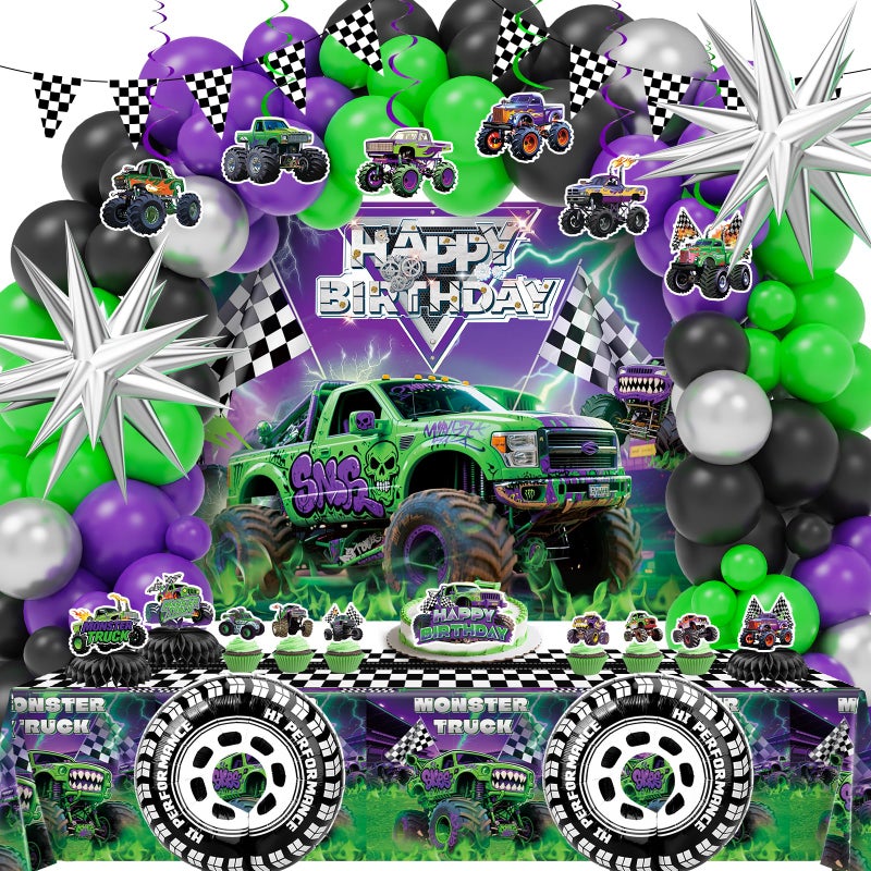 Wakeys 99 Pcs Monster Truck Birthday Party Decorations Set with Purple and Green Black Balloon Garland Arch Kit with Star & Wheels Checkered Balloons, Backdrop, Tablecloth, Grave Digger Party Supplies - Image 1