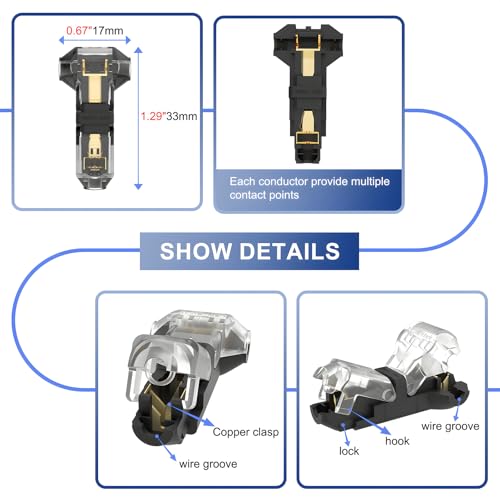 VISDOLL T Tap Wire Splice Connectors for 16-20 AWG Max Insulation Diameter 3.0mm, 3 Way 1 Pin Low Voltage Wire Connectors 10Pcs Solderless No Wire Stripping Quick Wire Splitter Connectors - Image 5