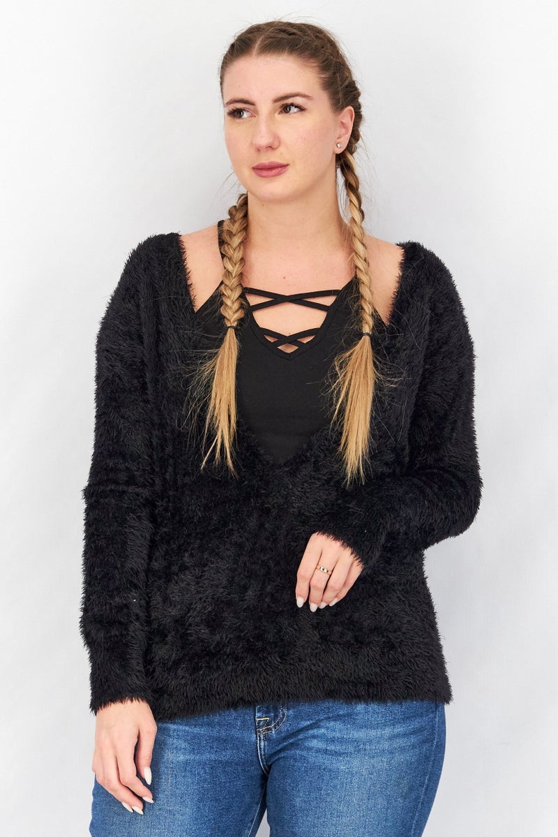TWINSET Women Plunging Neckline Textured Sweater, Black - Image 1
