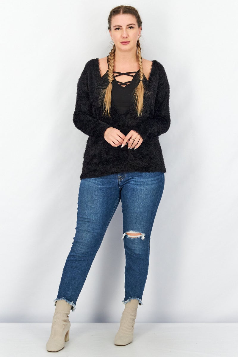 TWINSET Women Plunging Neckline Textured Sweater, Black - Image 3