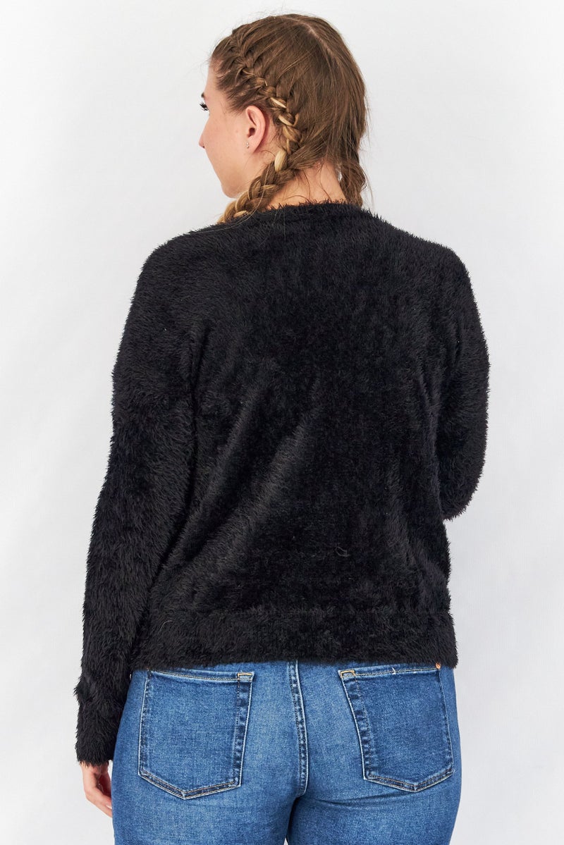 TWINSET Women Plunging Neckline Textured Sweater, Black - Image 2