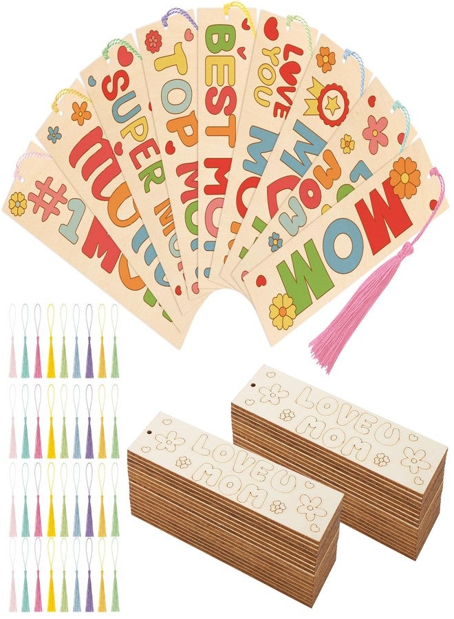 Hedeey 36 Pcs Color Your Own Mother's Day Bookmarks for Kids DIY Mother's Day Gifts Wooden Blank Bookmarks Bulk with Hanging Tassel for for Mother's Day Crafts Birthday Gift - Image 1