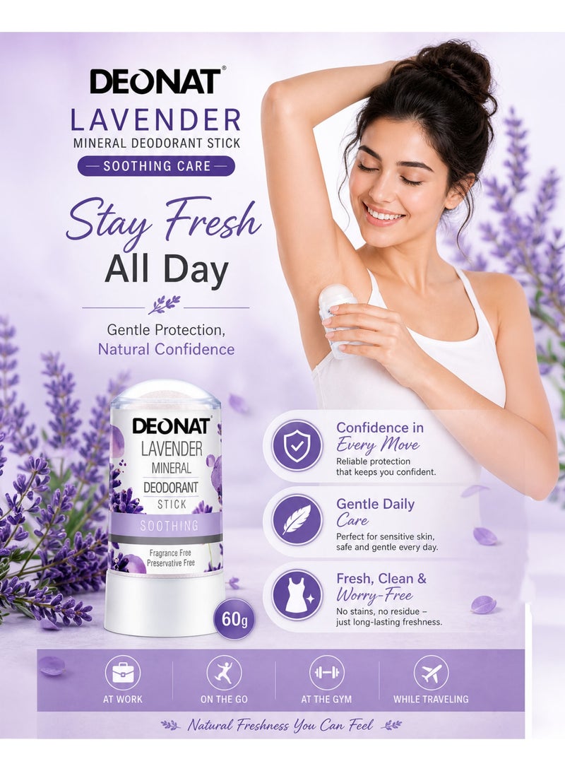 DEONAT Lavender Mineral Deodorant Stick 60g Pack of 1 Natural Alum Crystal Deodorant Antibacterial Anti Odor Soothing Underarm Care for Sensitive Skin Non Staining Long Lasting All Day Protection for Men and Women - Image 4