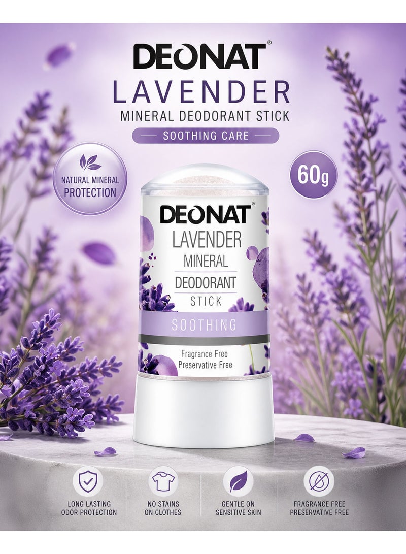 DEONAT Lavender Mineral Deodorant Stick 60g Pack of 1 Natural Alum Crystal Deodorant Antibacterial Anti Odor Soothing Underarm Care for Sensitive Skin Non Staining Long Lasting All Day Protection for Men and Women - Image 1