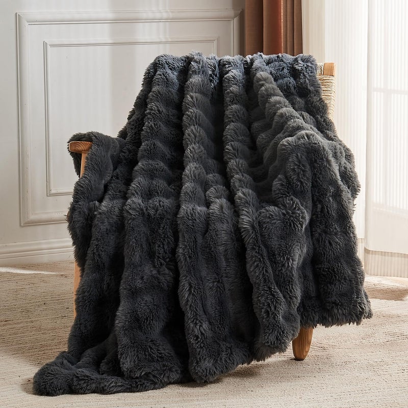 Lotus Karen Lotus Karen Faux Fur Throw Blanket Dark Gray - Big Bubble Rabbit Fluff Blanket for Couch  Small Fluffy Fuzzy Cozy Blanket  Thick Furry Plush Shaggy Blankets  50x60 Inches  - Image 4